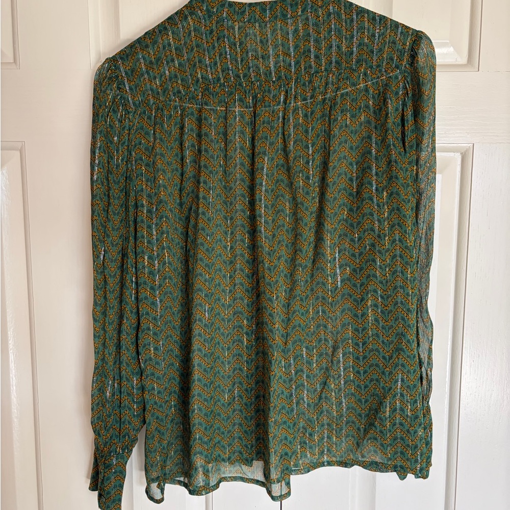 ba&sh Green Chevron Metallic-Thread Sheer Blouse - Picture 6 of 7